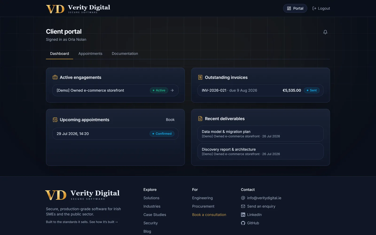Client portal — engagements, invoices, deliverables
