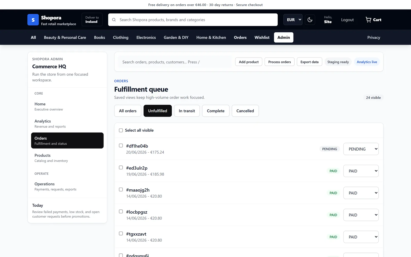 Admin — fulfilment queue / order management