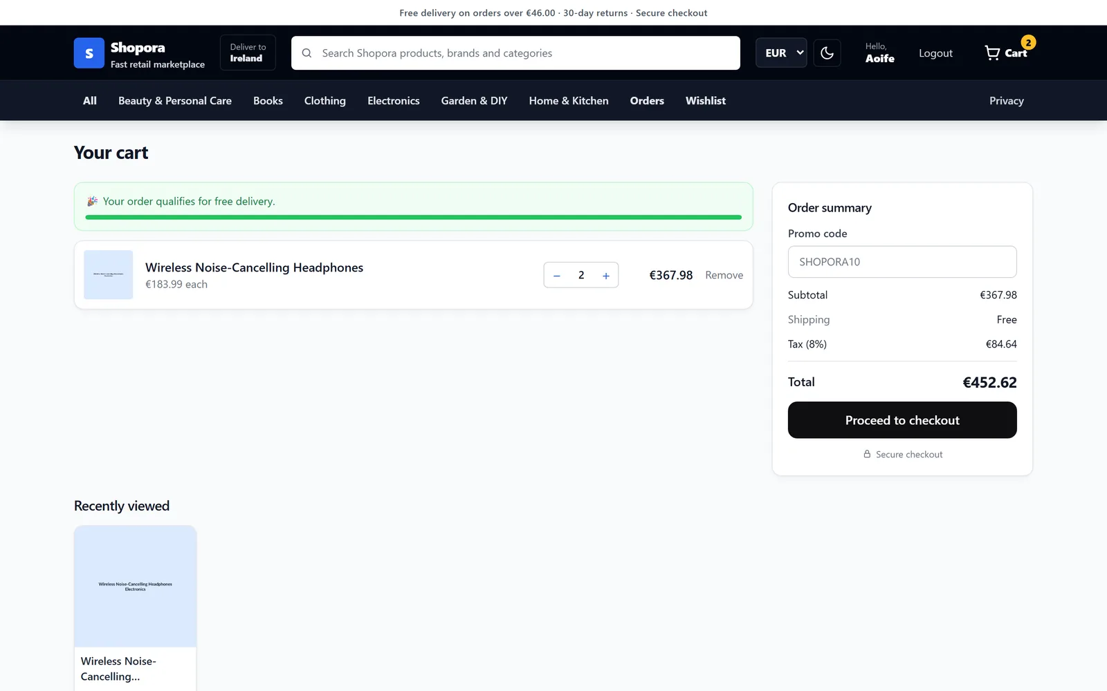 Cart — order summary with VAT and free-delivery threshold