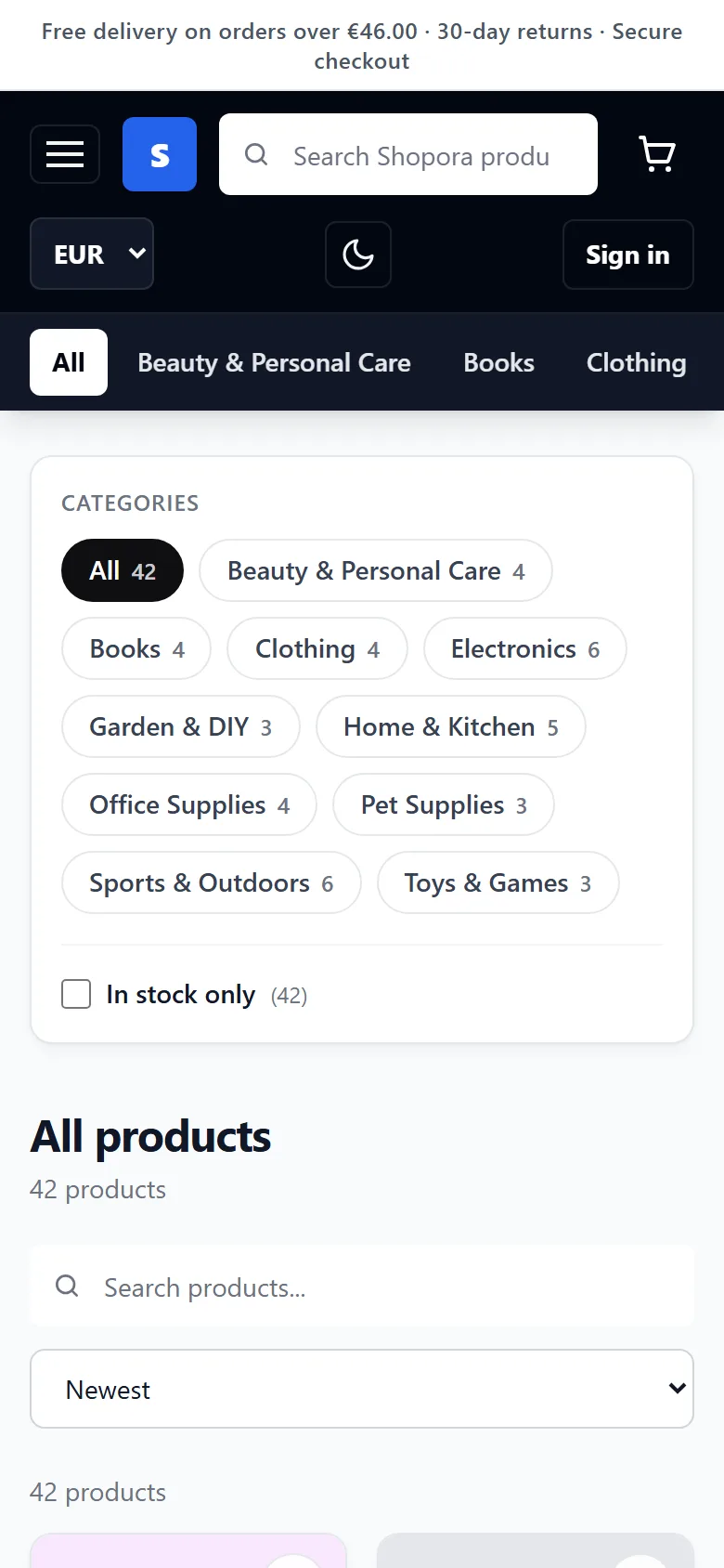 Product catalogue on a phone