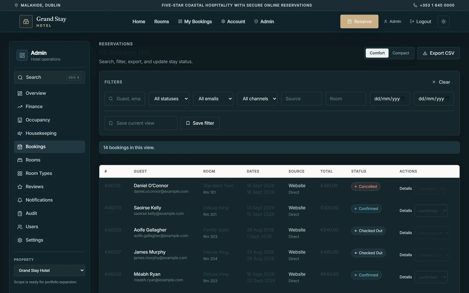 Admin — all bookings (filter, export, status)