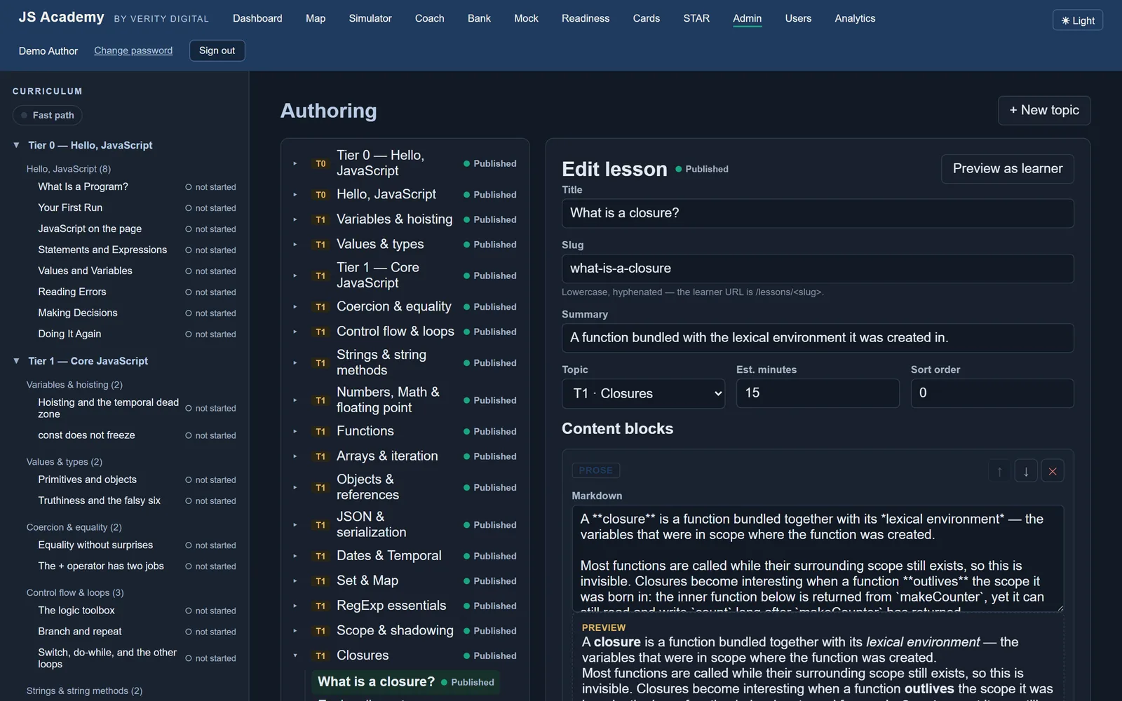 Admin authoring console — topic → lesson tree and the structured content editor