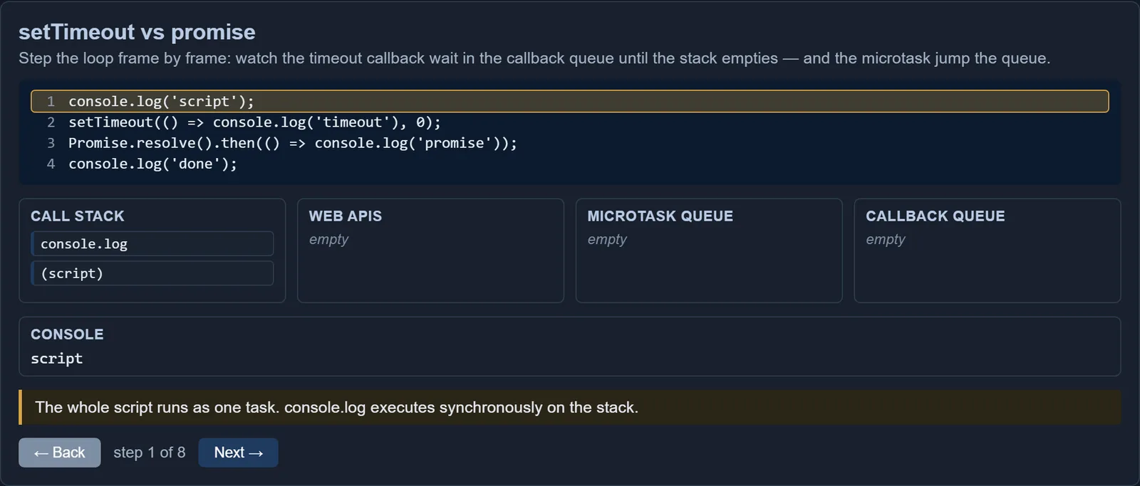 Companion — event-loop viewer (call stack, Web APIs, microtask and callback queues)
