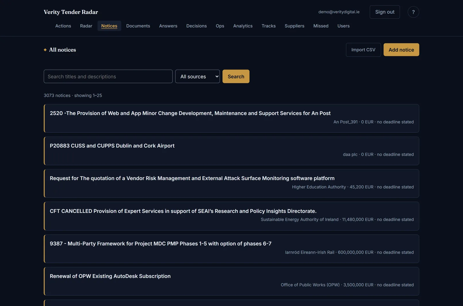Notices — the full ingested corpus with full-text search and source filtering
