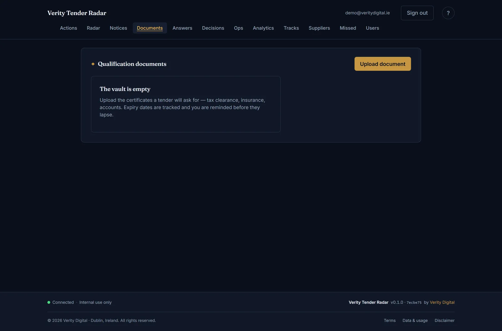 Document vault — qualification certificates with expiry tracking and renewals